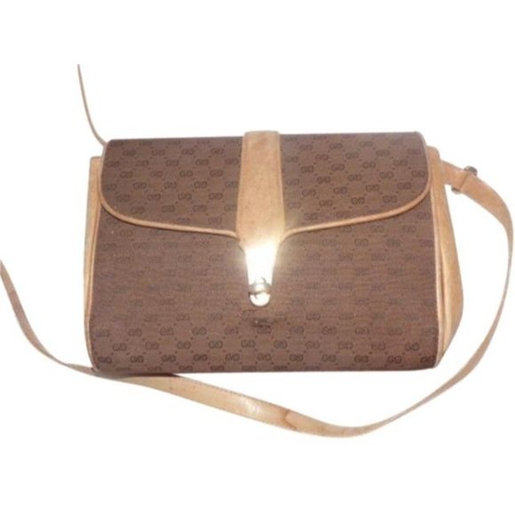 Gucci Vintage Crossbody Camel Leather Brown Small G Logo Print Canvas